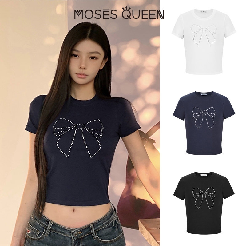 < MOSESQUEEN > เสื้อสกรีนแขนสั้นลายผีเสื้อสไตล์หวานใจ เหมาะสำหรับผู้หญิงสวมใส่ในฤดูใบไม้ผลิ ดีไซน์กระชับตัว #62889