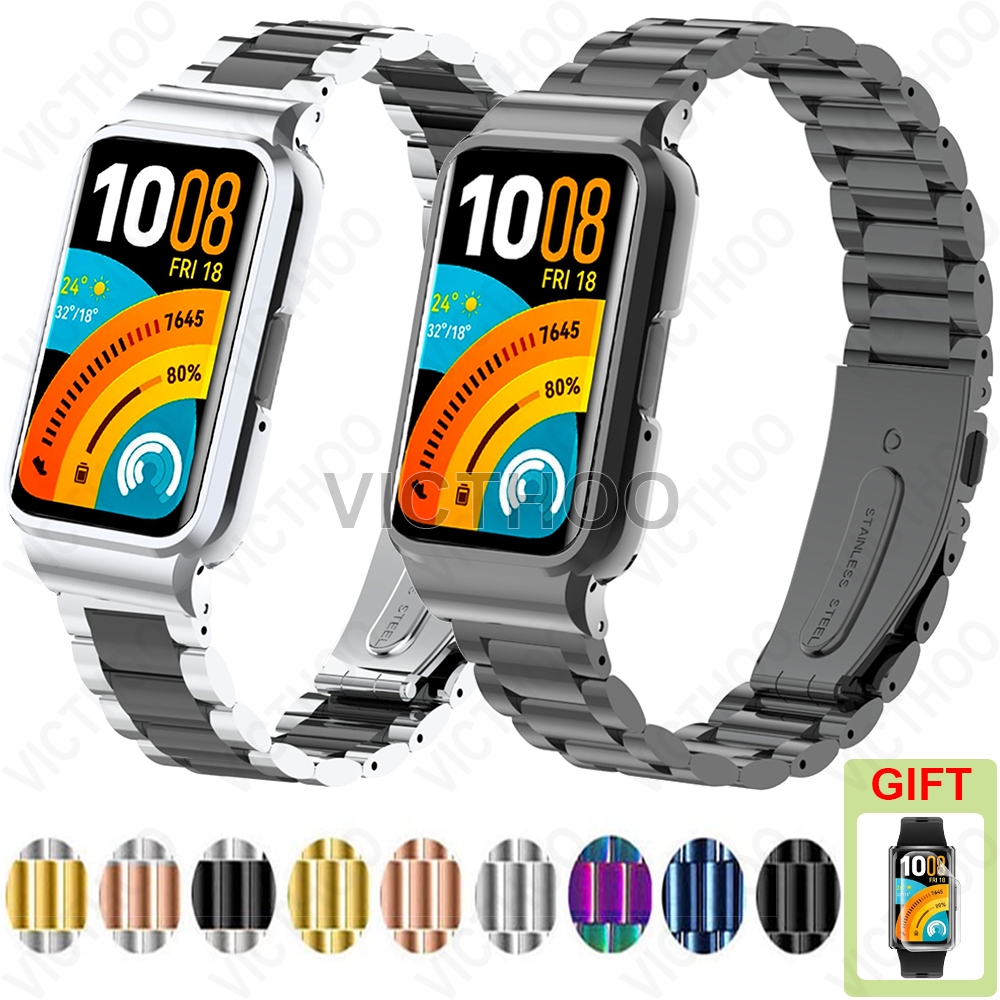 สายรัดข้อมือสแตนเลสสายรัดด้วยกรณีโลหะสำหรับ Huawei Band 11 Pro 10 9 8 7 6