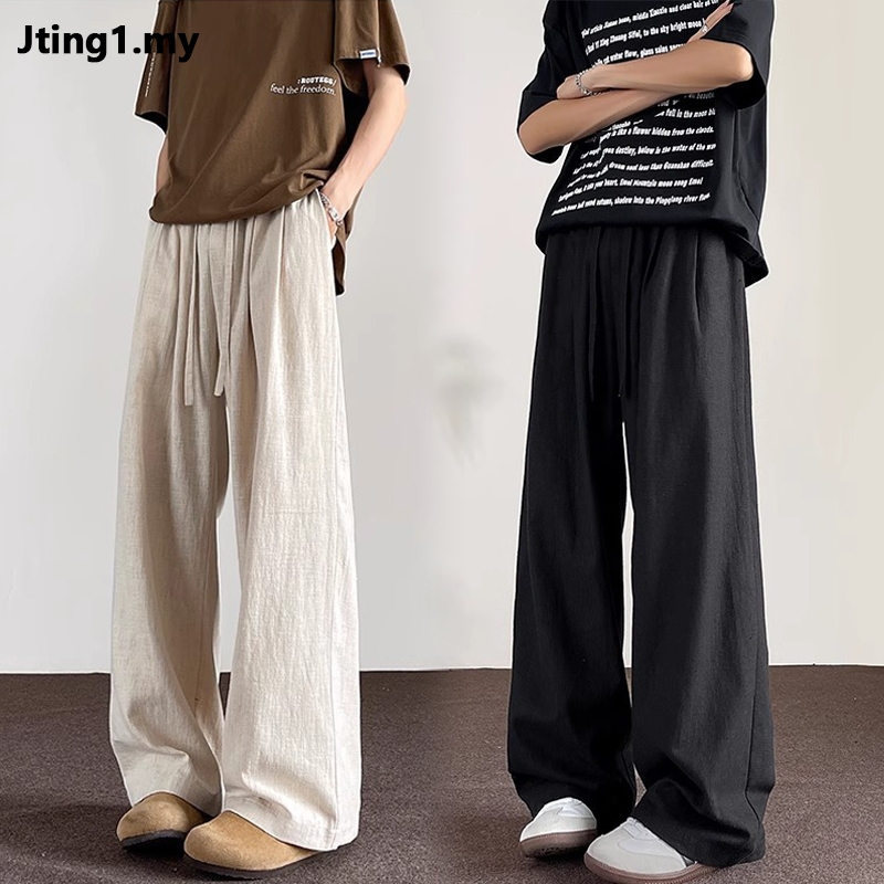 Seluar Baggy Lelaki สีกากีผ้าลินินกางเกงผู้ชาย Baggy กางเกงผู้ชาย Seluar Lelaki กางเกงตัดตรงผู้ชาย S