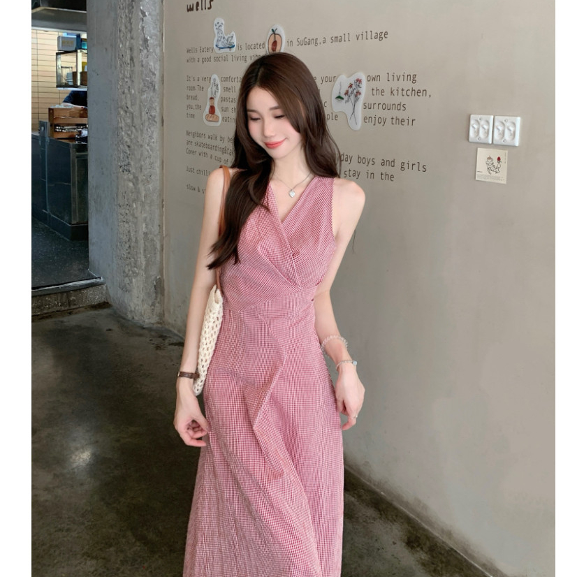 ฤดูร้อนใหม่ชุดสตรีที่เรียบง่ายฝรั่งเศสย้อนยุคคอวีข้ามสายลายสก๊อตชุดยาว 250715