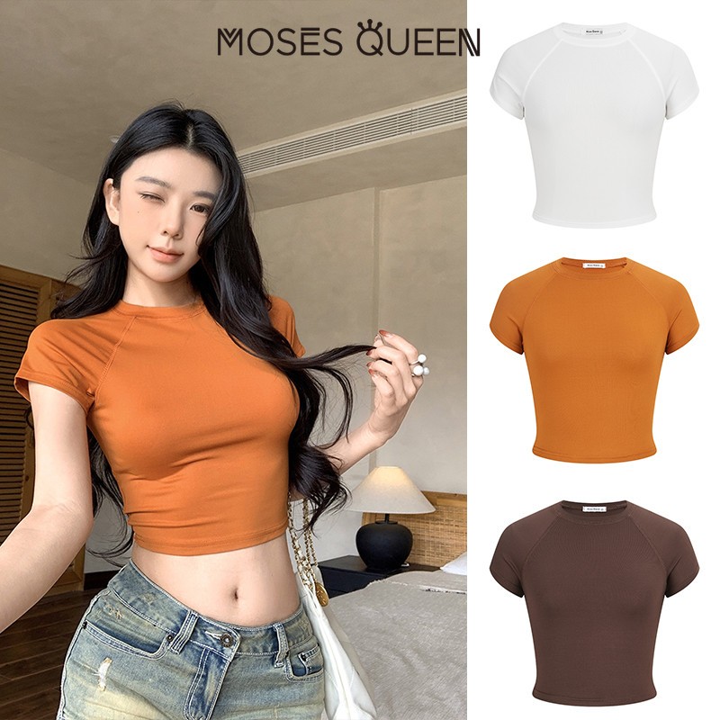 MOSESQUEEN มอสเซควีน เก๋ไก๋ เสื้อยืดแขนสั้นสีพื้นแฟชั่นใส่สบายยืดไม่ยืดหยุ่นสไตล์ผู้หญิงมีสไตล์ มีหลายสี #63495