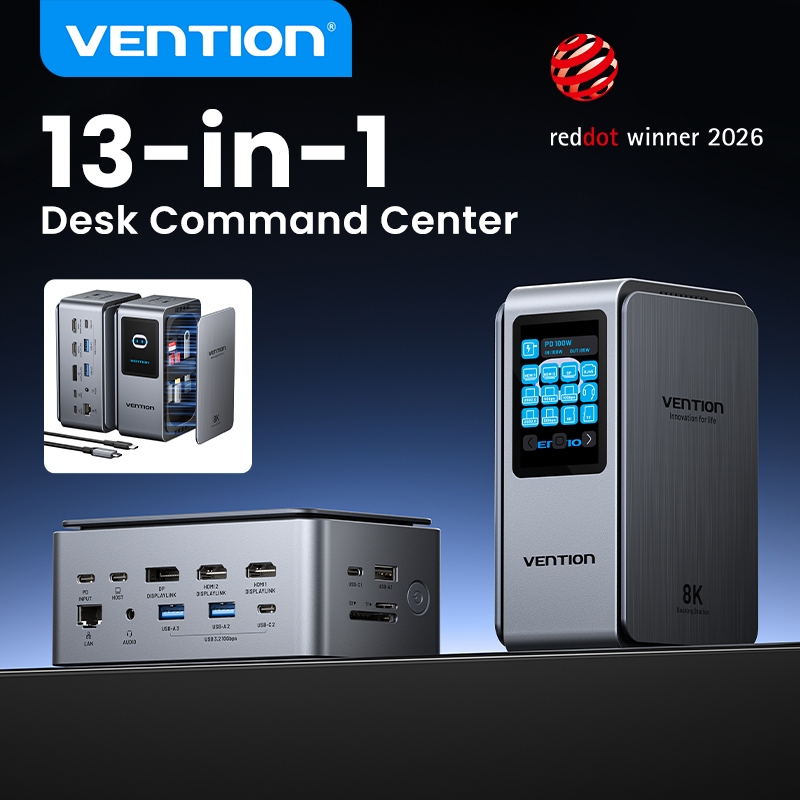 【reddot winner 2026】Vention 13 in 1 Type C Docking Station 8K 30Hz จอแสดงผล 100W PD ชาร์จ 10Gbps Data Transfer SD TF อ่านพร้อมกัน Gigabit Ethernet 3.5 มม.เสียงอลูมิเนียมขาตั้งแนวตั้ง