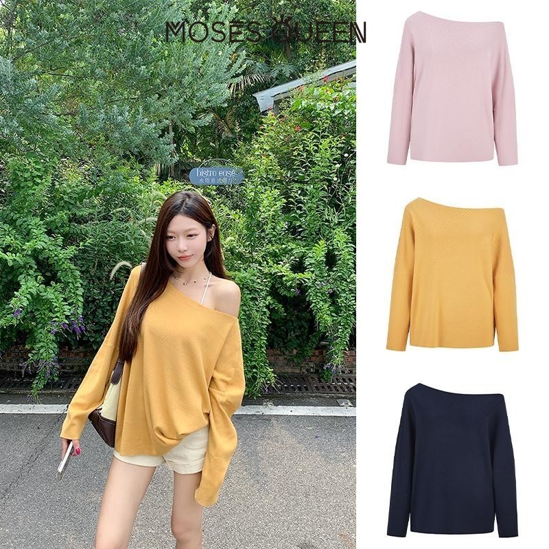 MOESSQUEEN เสื้อกันหนาวเซ็กซี่ไหล่เอียง-basic สีทึบสำหรับฤดูใบไม้ร่วงและหนาวปี #59962