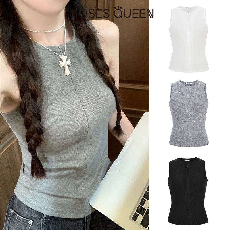 MOSESQUEEN  เสื้อกล้ามครึ่งซิปรัดเอวสำหรับผู้หญิง แบบสวมคอ สไตล์แฟชั่นฤดูร้อน #63122