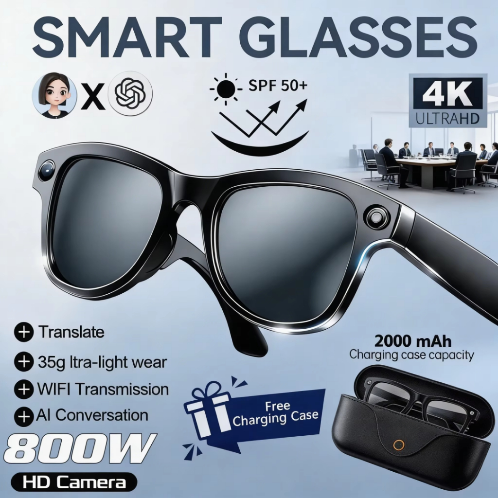 แว่นตากันแดดพร้อมกล้อง Smart Glasses ความละเอียด 1080p, AI Translator Display, Bluetooth 5.3, พร้อมก