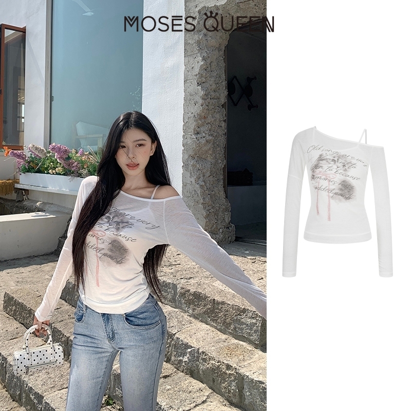 MOSESQUEEN เสื้อพิมพ์ปิดไหล่แบบไม่สมมาตร ดีไซน์น่าสนใจ สวมใส่สบายและระบายอากาศได้ดี เหมาะสำหรับสวมใส่วันธรรมดา #63540