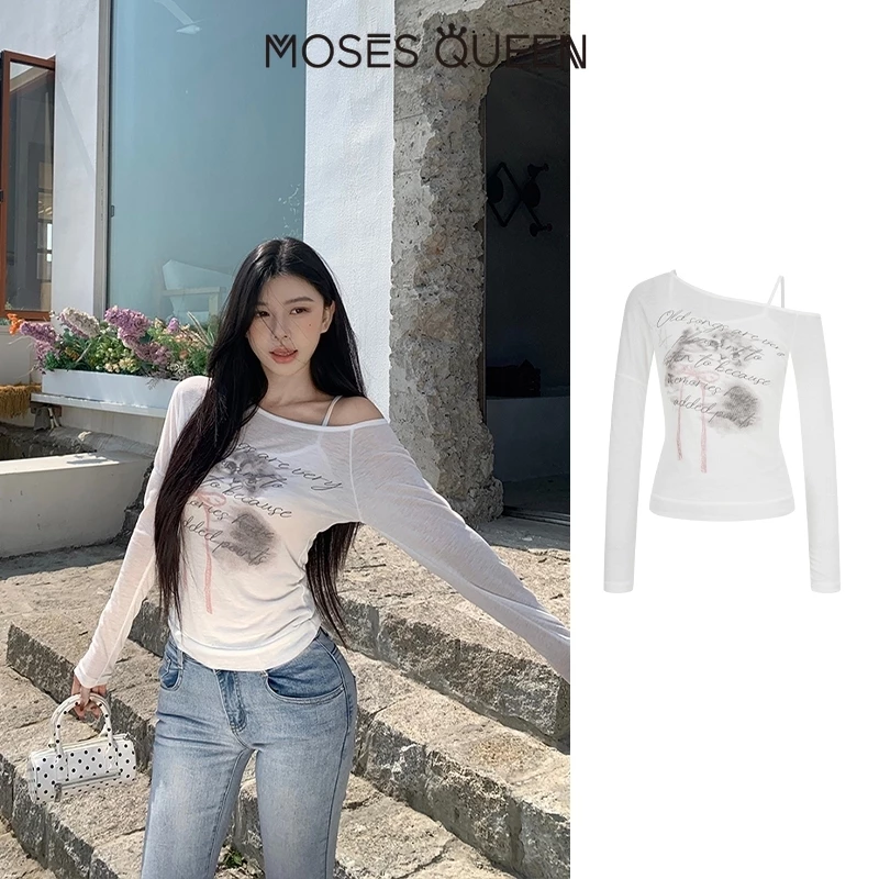 MOSESQUEEN เสื้อพิมพ์ปิดไหล่แบบไม่สมมาตร ดีไซน์น่าสนใจ สวมใส่สบายและระบายอากาศได้ดี เหมาะสำหรับสวมใส่วันธรรมดา #63540