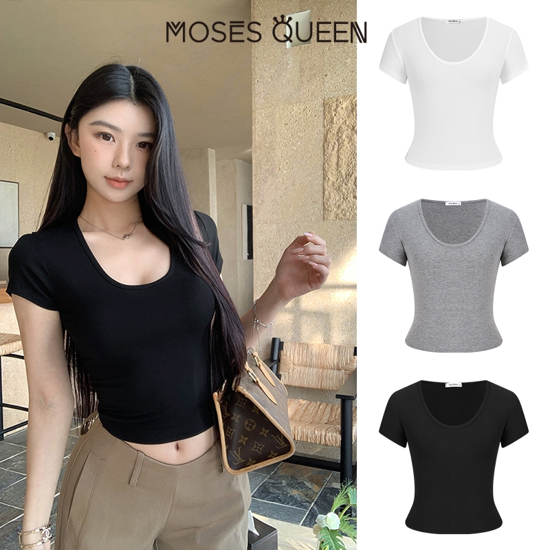 MOSESQUEEN มอสส์ ราชินี แขนสั้น ยู-คอถักด้านบน สไตล์ฤดูร้อนสำหรับผู้หญิง #63424