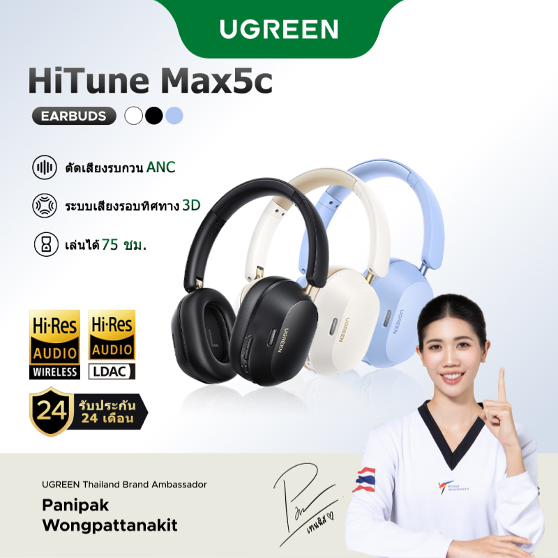 UGREEN หูฟังครอบหู Max5C ไร้สายบลูทูธ 5.4 หูฟัง Hi-Res Certified HiFi หูฟัง 3D Spatial Audio 43dB ตั