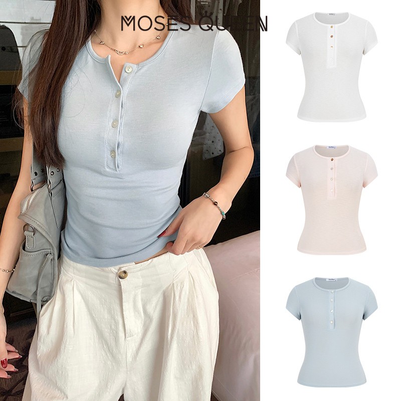 < MOSESQUEEN > มอสเนสควีน ผู้หญิงคอลูกเรือแขนสั้นสีทึบด้านบนหลายสีที่มีนุ่มสบายระบายอากาศมีสไตล์สลิมฟิตทุกการแข่งขันชุดลําลองทุกวัน #63507