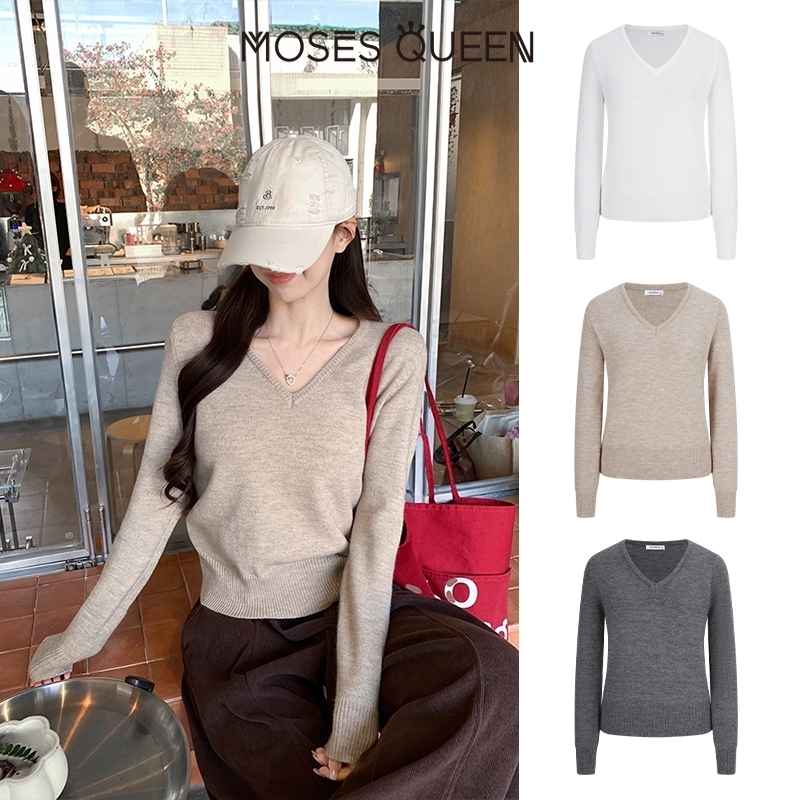 MOSESQUEEN เสื้อกันหนาวสำหรับผู้หญิง แบบ V คอดีไซน์Slim Fit แขนยาว สวมใส่นุ่มสบาย มีหลากหลายสีให้เลือก #59887