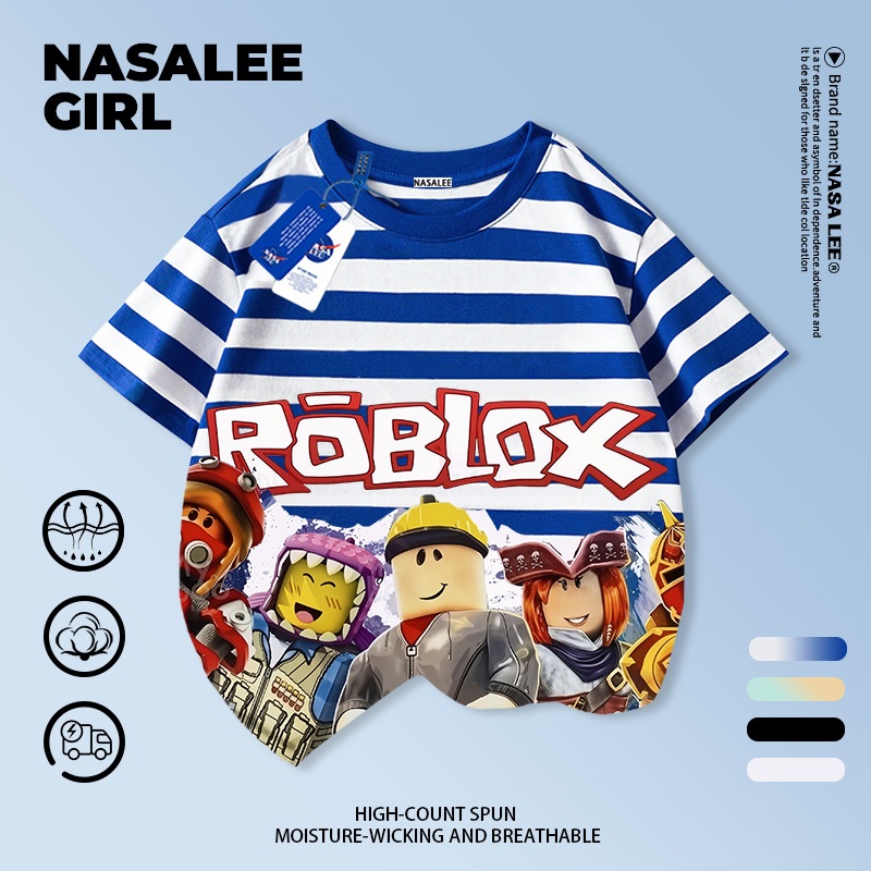 【จัดส่งภายในวันเดียวกัน】 เสื้อยืดคอกลมผ้าฝ้ายสำหรับเด็ก NASA ลายทางสีน้ำเงินและขาว ลาย Roblox โลกเสมือนจริง สำหรับเด็กอายุ 3-16 ปี ทั้งเด็กผู้ชายและเด็กผู้หญิง ทรงสบาย ใส่ได้ทุกโอกาส