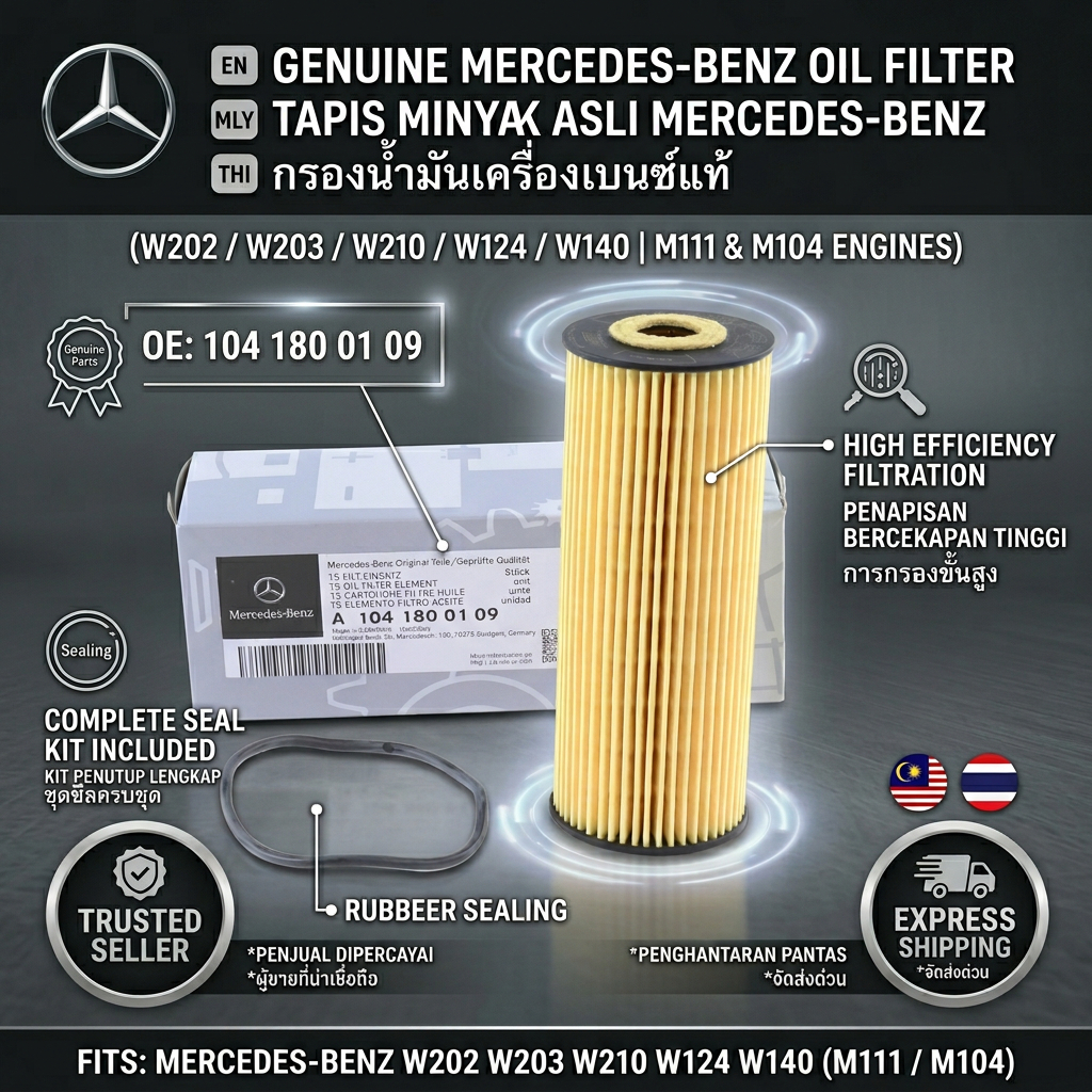 BENZ กรองน้ํามันเครื่อง (M111/M104) W202 W203 W210 W124 W140 No. 104 180 01 09