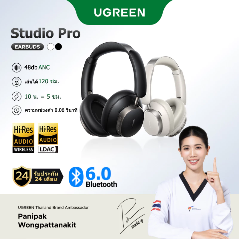 UGREEN หูฟังครอบหู Studio Pro ตัดเสียงรบกวน 48dB ANC หูฟังไร้สาย Over Ear หูฟังบลูทูธ LDAC เวลาเล่น 120 ชม. พลังเสียง Hi-Res ความละเอียดสูง