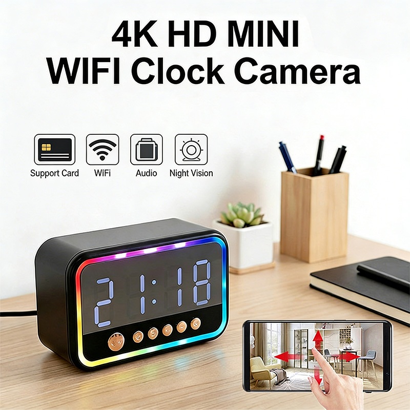 กล้อง WiFi 4K UHD กล้องกระจกสีสันสดใส RGB มัลติฟังก์ชั่นพร้อมวิทยุ FM กล้องนาฬิกา 4K