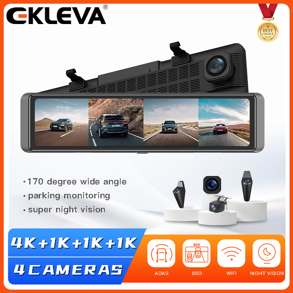 EKLEVA 11.26 นิ้วกระจกมองหลัง Dash Cam 4K 4 ช่อง BSD 24H เครื่องบันทึกที่จอดรถ
