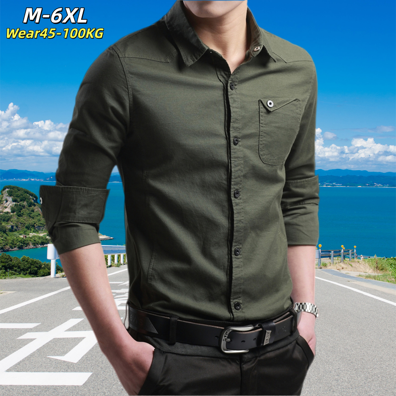 [Wear45-100KG] M-6XL ขนาดใหญ่ฤดูใบไม้ผลิฤดูใบไม้ร่วงสไตล์บางผ้าฝ้ายแท้เสื้อเชิ้ตแขนยาวผู้ชายระบายอากาศดูดซับเหงื่อปกสีทึบชุดทํางานลําลองด้านบน