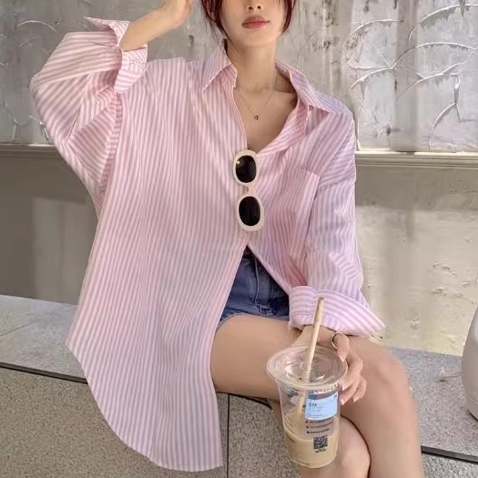 พร้อมส่ง เสื้อเชิ้ตลายทาง สีฟ้าขาว สไตล์เกาหลี ผ้าบาง ใส่สบาย ฤดูร้อน ราคา ถูกที่สุด ดีลบีเคเค แกลเลอรีภาพที่ 6