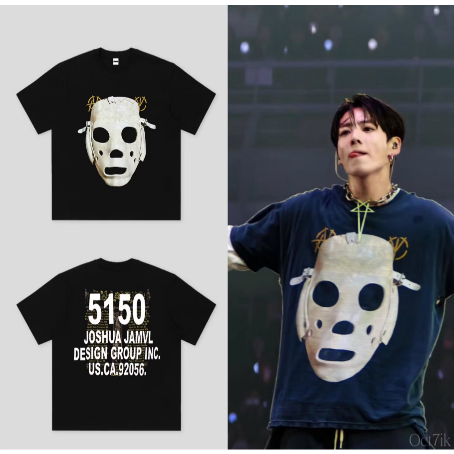 เสื้อยืดพิมพ์ลายหน้ากาก BTS Jungkook Same Style 5150, ผ้าฝ้าย Unisex K-pop Fan Tee