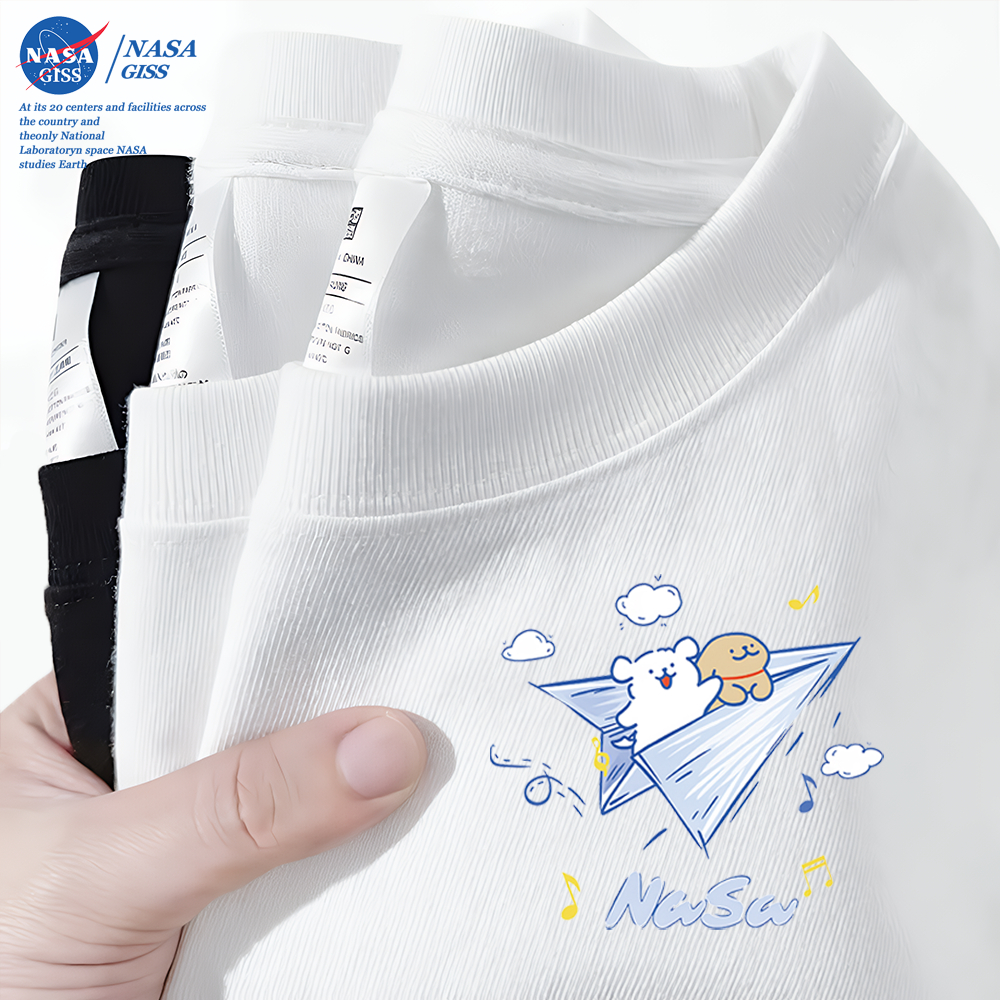 NASA เสื้อยืดชายหญิงแขนสั้น สไตล์ลำลอง summer เครื่องบินกระดาษ พิมพ์ลาย คอตตอน คอกลม หลวมและระบายอากาศ