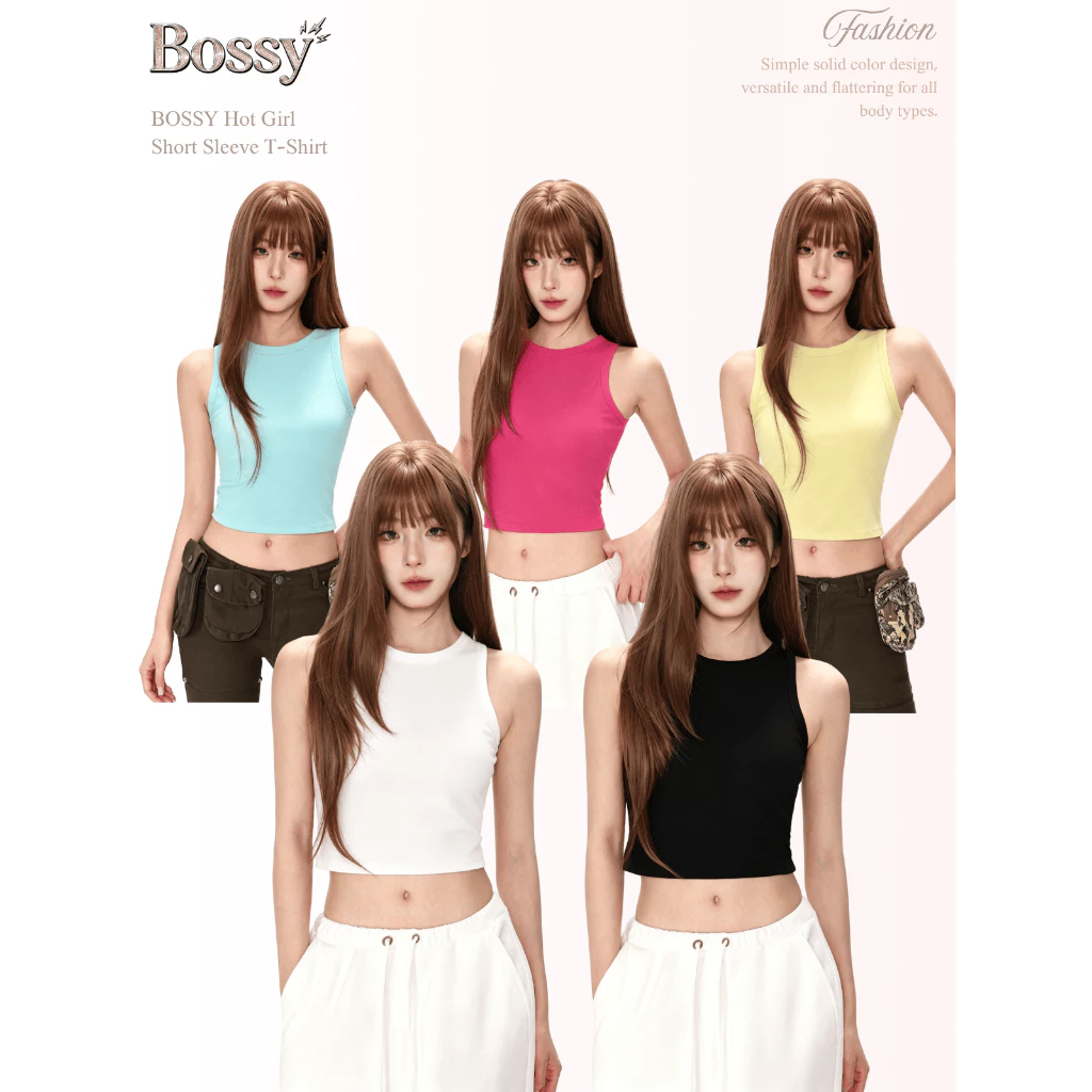 BOSSY สวีทสาวอเมริกันผู้นําด้านสีแดงเสื้อผ้ายางฤดูร้อนใหม่พักผ่อนหย่อนใจเสื้อกั๊กสั้น ผ้าฝ้าย100%#C