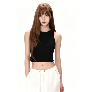 BOSSY สวีทสาวอเมริกันผู้นําด้านสีแดงเสื้อผ้ายางฤดูร้อนใหม่พักผ่อนหย่อนใจเสื้อกั๊กสั้น ผ้าฝ้าย100%#C