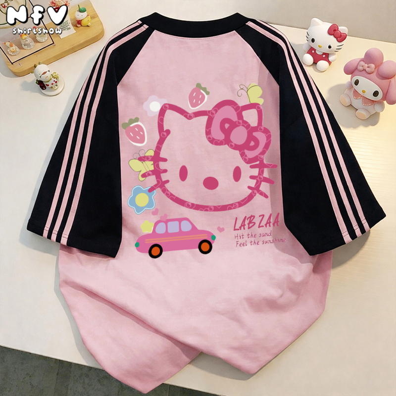 NFV เสื้อยืดโอเวอร์ไซส์สไตล์เกาหลี แฟชั่นสำหรับผู้หญิง ลายเฮลโลคิตตี้ ผ้าฝ้าย คอกลม แขนสั้น YG880