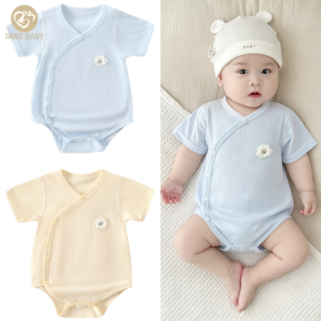 0-12 เดือนสีธรรมดาทารกแรกเกิด ชุดรอมเปอร์ เด็กทารก ชุด บาง แขนสั้นผ้าฝ้ายบอดี้สูท