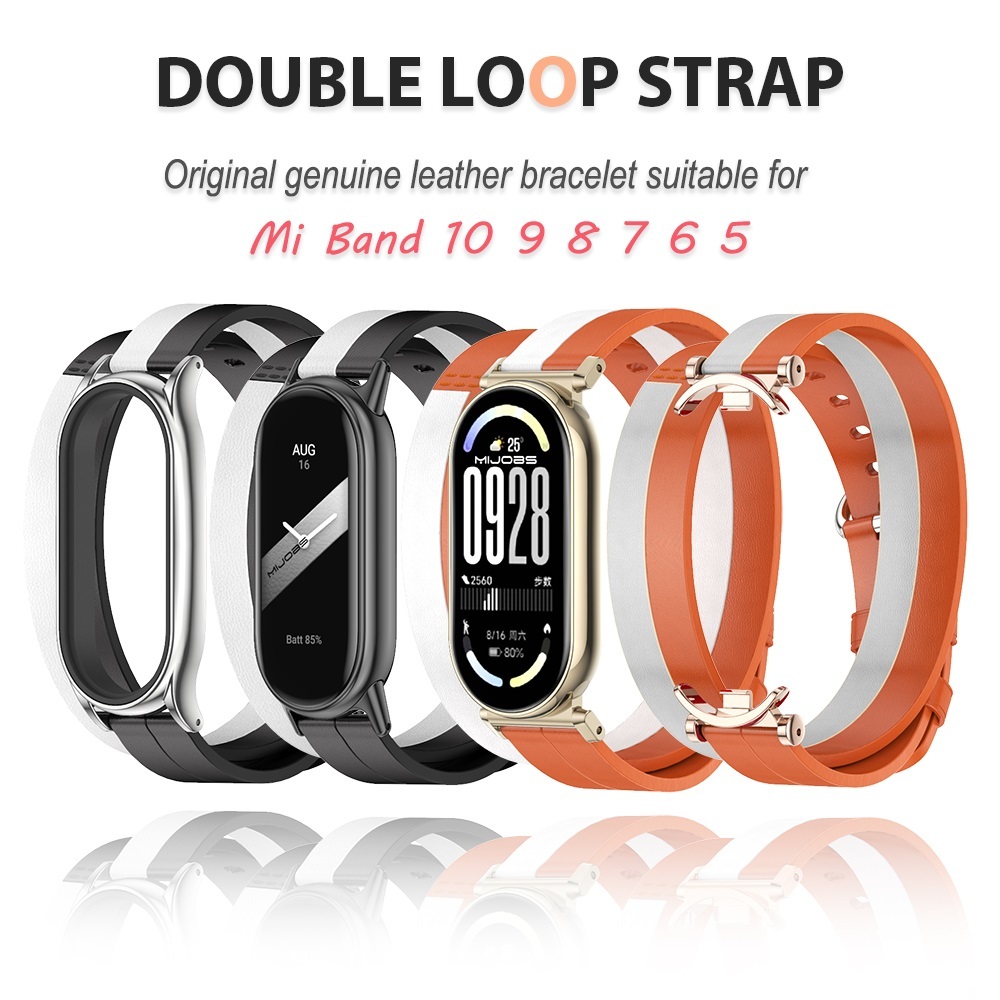 MIJOBS สายนาฬิกาหนังแท้ แบบห่วงคู่ สำหรับ Mi Band 10 9 8 7 6 5 พร้อมข้อต่อโลหะ สายรัดข้อมือสำหรับ Xiaomi Smart Band 9 Ceramic Edition ดีไซน์ทูโทน เหมาะสำหรับทั้งชายและหญิง