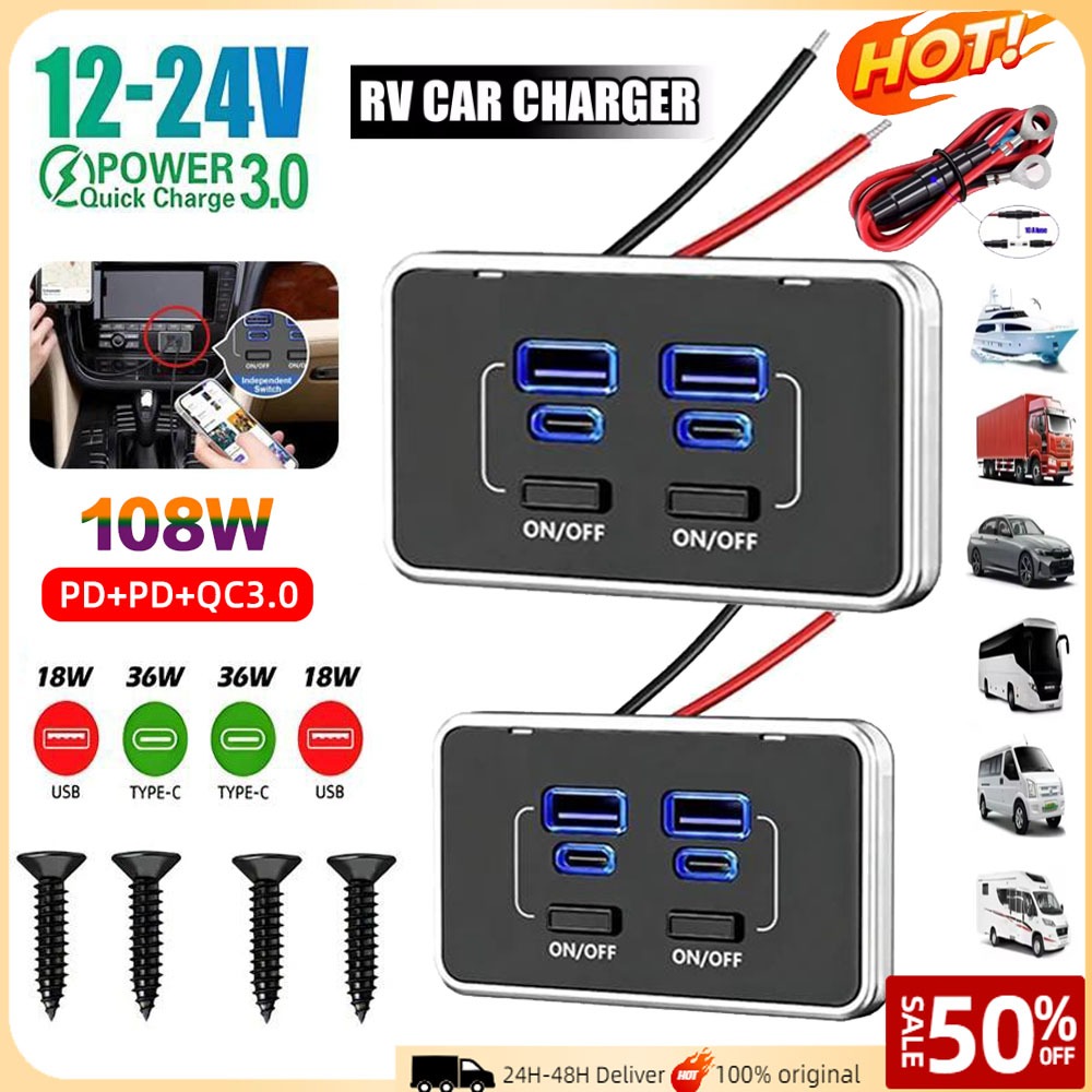 4-Port 12V-24V USB Wall Outlet 108W Fast Charger พร้อม Dual PD30W + QC18W, สวิตช์อิสระ, สําหรับ RV, รถบรรทุก, เรือ, ATV