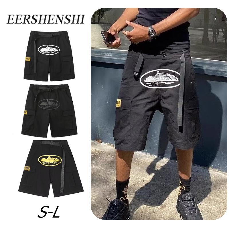 EERSHENSHI High-Street Hip-Hop Cargo Shorts พร้อมพิมพ์และกระเป๋าหลายใบ