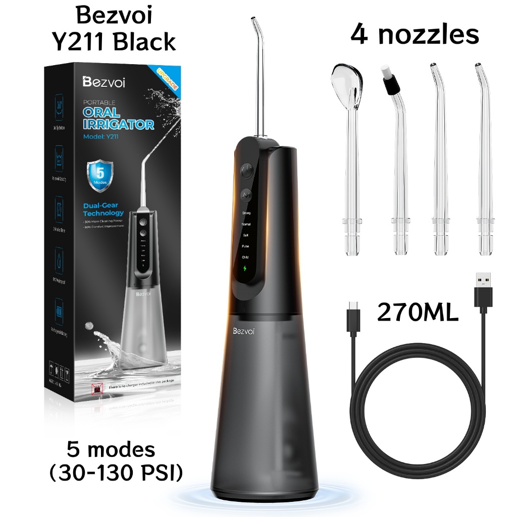 【จัดส่ง 24 ชั่วโมง】Bezvoi Y211 เครื่องชลประทานในช่องปากแบบชาร์จไฟได้ 5 โหมด, การดูแลทันตกรรมแบบพกพาสําหรับ Home & Travel, สีดํา เครื่องฉีดน้ำล้างฟัน ของขวัญปีใหม่ ไหมขัดฟันพลังน้ํา Portable Oral Irrigator Dental Water Flosser IPX7 กันน้ำ Function