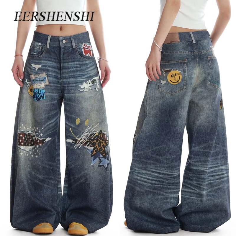 EERSHENSHI American Retro Washed Wide Leg Jeans Matchet Pants