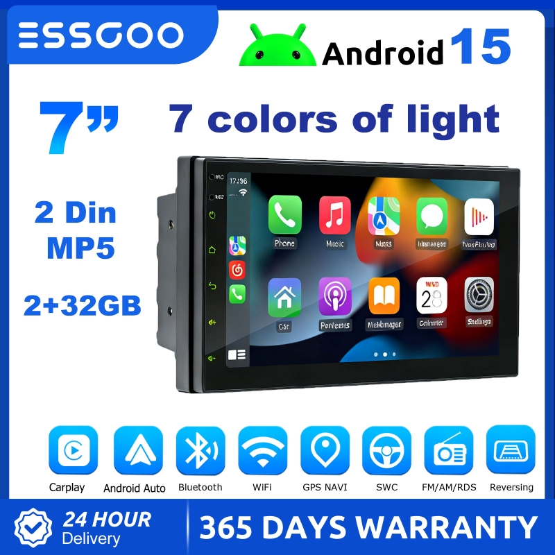 ESSGOO เครื่องเสียงติดรถยนต์ Android ขนาด 7 นิ้ว | แอนดรอยด์ 15| 2+32G| รองรับ CarPlay แบบมีสาย/ไร้ส