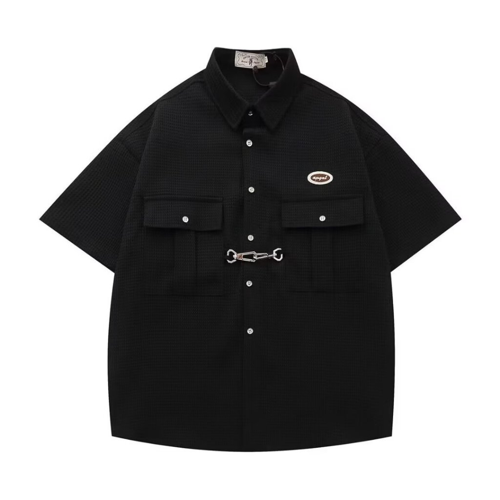 ASRV อเมริกันย้อนยุควาฟเฟิลปักเสื้อแขนสั้นฤดูร้อนกระดุมโลหะชายและหญิง