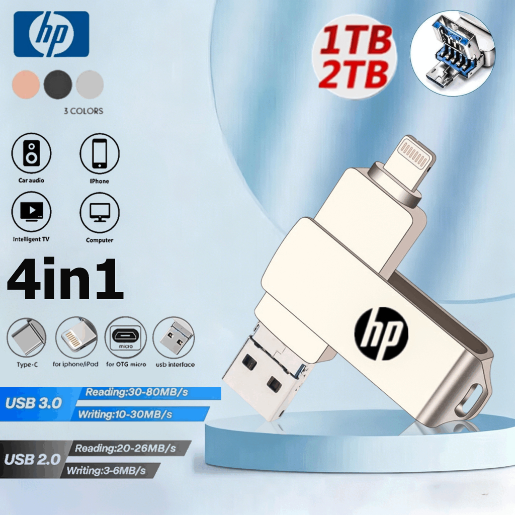 HP แฟลชไดรฟ์ USB 1TB 3 IN 1 OTG Pendrive สําหรับ iPhone จัดเก็บข้อมูลภายนอก OTG USB ความเร็วสูง กันน้ํา สําหรับ iPhone Type-C Usb ไดรฟ์นิ้วมือ สำหรับ iPhone 7 8 X 11 12 13 14 ซีรีส์