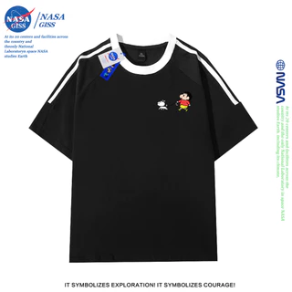 NASA เสื้อยืดสามแถบชายหญิง oversize แขนสั้น สไตล์ลำลอง summer เครยอนชินจัง คอตตอน100% คอกลม หลวมและระบายอากาศ