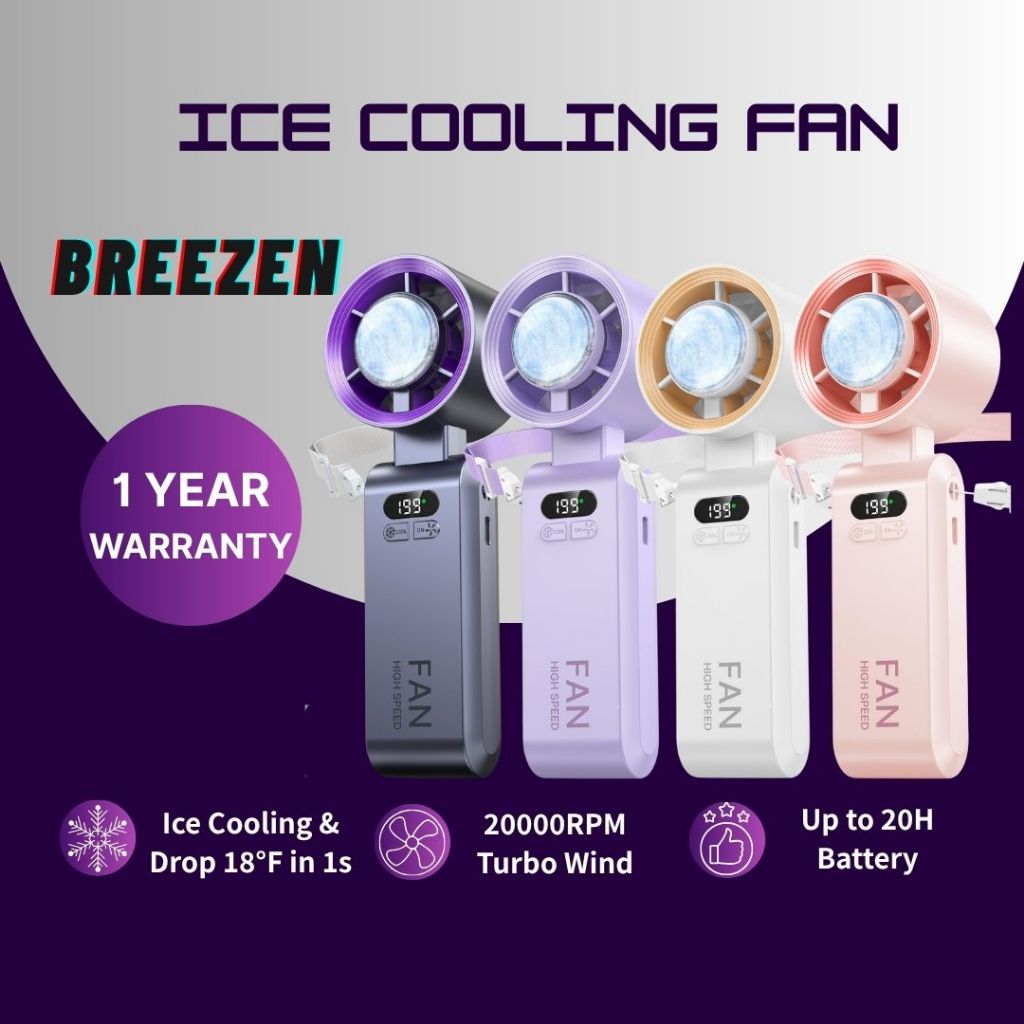Breezen Ice Cooling พัดลมมือถือ 20000RPM Turbo 199 ความเร็วปรับ 5500mAh พัดลมคล้องคอแบบพกพา
