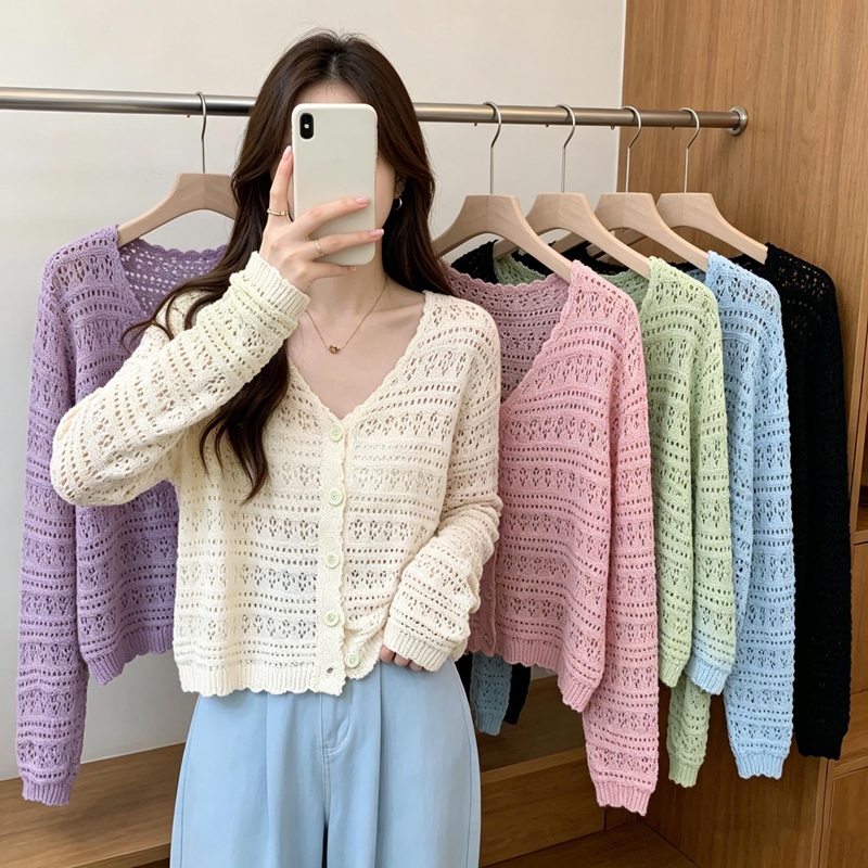 คาร์ดิแกนถักสั้น กลวงคอวี สีทึบสำหรับผู้หญิง ป้องกันแสงแดดในฤดูร้อน และใช้เป็นผ้าคลุมไหล่ได้
