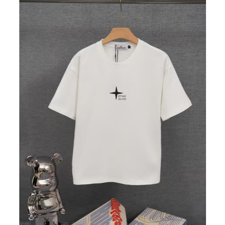 STONE ISLAND เสื้อยืดแขนสั้นผ้าฝ้ายแท้พิมพ์ลายหินเกาะแฟชั่น