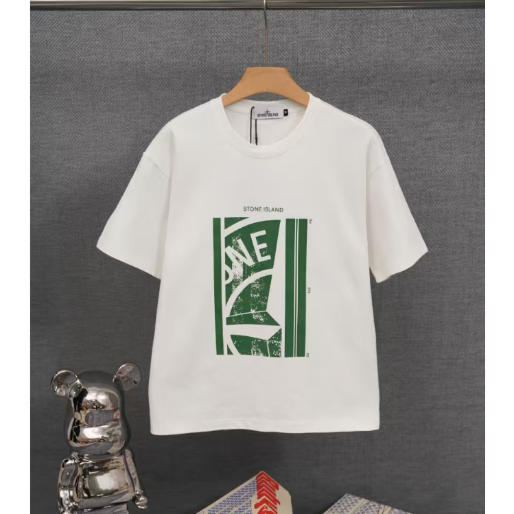 STONE ISLAND เสื้อยืดแขนสั้นผ้าฝ้ายแท้พิมพ์ลายหินเกาะแฟชั่น