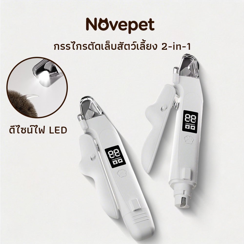 【Novepet】กรรไกรตัดเล็บสัตว์เลี้ยง 2-in-1 พร้อมไฟ LED ปลอกใสกันเศษเล็บ ใช้กับแมว/กระต่าย มือใหม่ใช้งานง่าย
