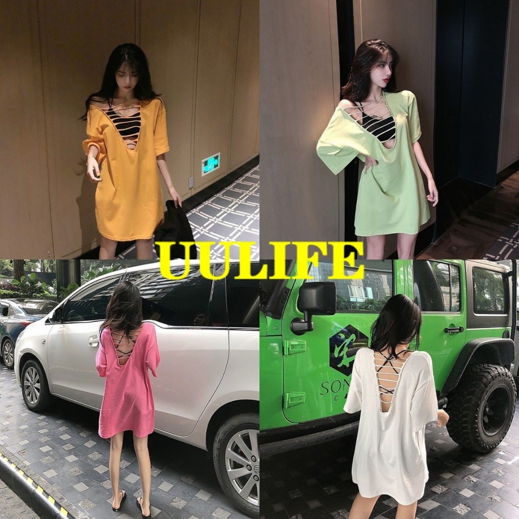 2879Y   ผู้หญิงเสื้อยืด / ความงามกลับ / พลัสขนาด / ปานกลางยาว / คอ V / เซ็กซี่/สามารถสวมใส่ได้ทั้งด้านหน้าและด้านหลัง