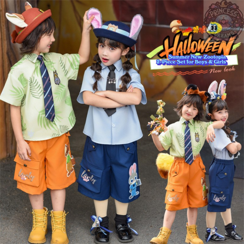 ชุดเซ็ต Zootopia จูดี้และนิค สำหรับเด็ก เสื้อเชิ้ตแขนสั้น+กางเกงขาสั้น ชุดแฟนซีตำรวจและสุนัขจิ้งจอก ชุดฮาโลวีนสำหรับงานโรงเรียน