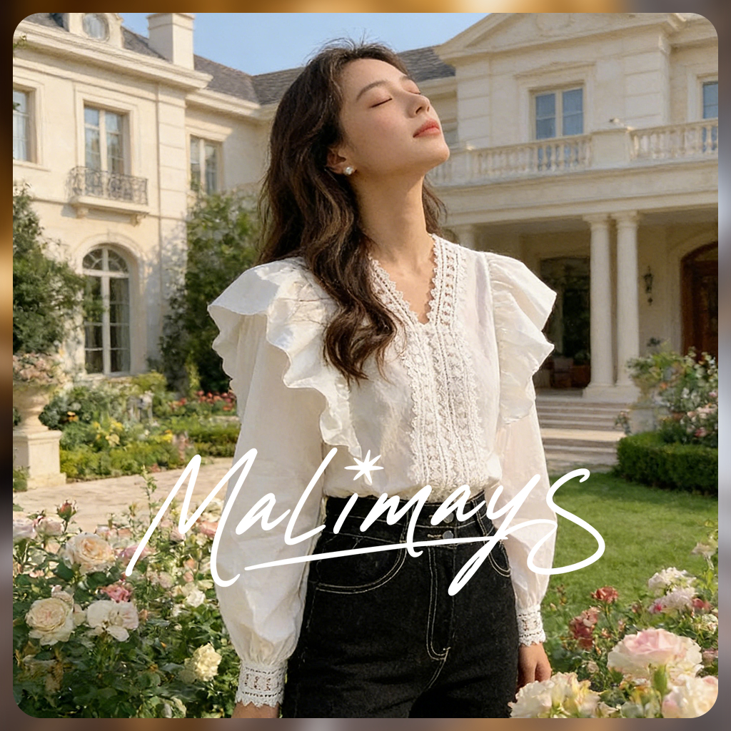MALIMAY เสื้อเชิ้ตลูกไม้คอวี ระบำแขน ผ้านุ่มสบาย 2สี สไตล์วินเทจน่ารัก เหมาะทุกฤดู Q6