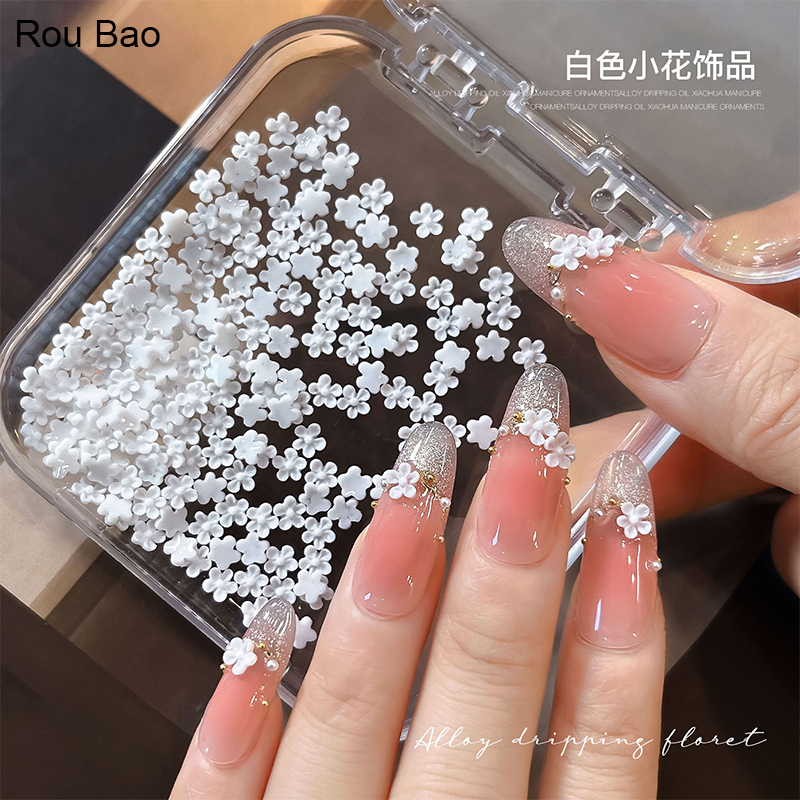 Rou Bao 100 ชิ้นเล็บสีขาวห้ากลีบดอกไม้เรซิ่น DIY เล็บ Art Charms ตกแต่ง