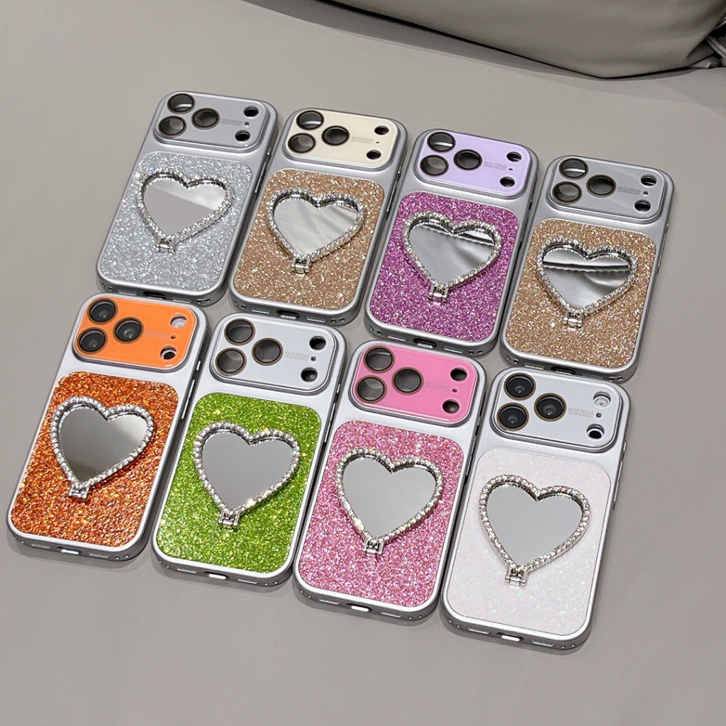 หน้าต่างขนาดใหญ่รักประกายแป้งกระจกยืนเคสโทรศัพท์สําหรับ ไอโฟน 17 16โปรแม็กซ์ 15 14 13มือโปร 12มือโปร สูงสุด 11สวยเคสโทรศัพท์
