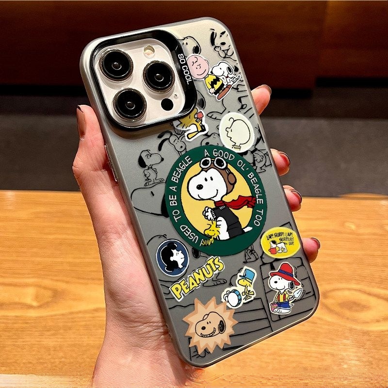Snoopy Pilot Green Label สําหรับ iPhone 17Promax เคสโทรศัพท์ 16Pro 13 กันกระแทกสีดําเงินฝาครอบโทรศัพ