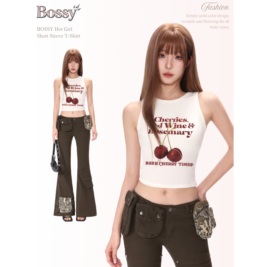 BOSSY เสื้อกล้ามผู้หญิงลายเชอร์รี่และตัวอักษรสไตล์อเมริกันวินเทจ ทรงเซ็กซี่ ผ้าฝ้าย 100%#C+1896