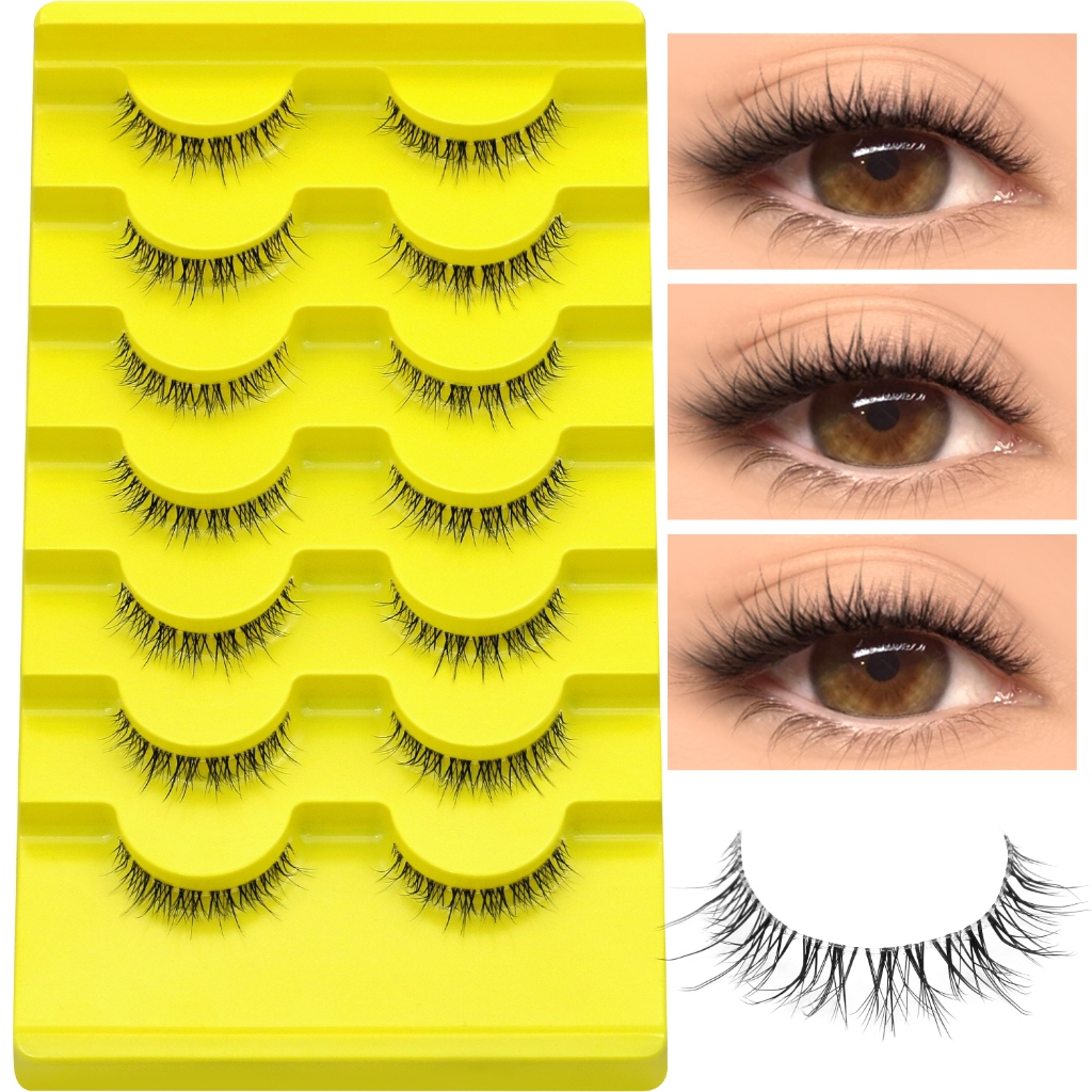 GROINNEYA ธรรมชาติ Cat Eye Lashes ยาวสั้น Wispy Lash Faux Mink น้ําหนักเบา Lashes Re-wearable 7/8 คู่